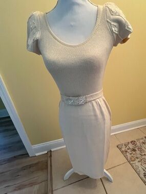 Vintage St. John Cream Santana Knit Sheath Dress with Embellished Belt